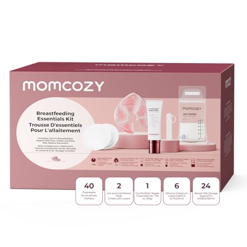 Momcozy 73pc Postpartum Essentials Kit Initiate breastfeeding for New Moms Hospital Bag Must Haves with Nursing Pads Hot & Cold Breast Pads Nipple Cream Colostrum Collectors and Milk Storage Bags