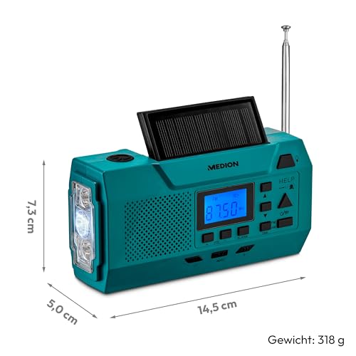 MEDION E66806 Kurbelradio (Solar, Dynamo Handkurbel, Baustellenradio, UKW Radio, Taschenlampe, SOS Notfall Funktion)