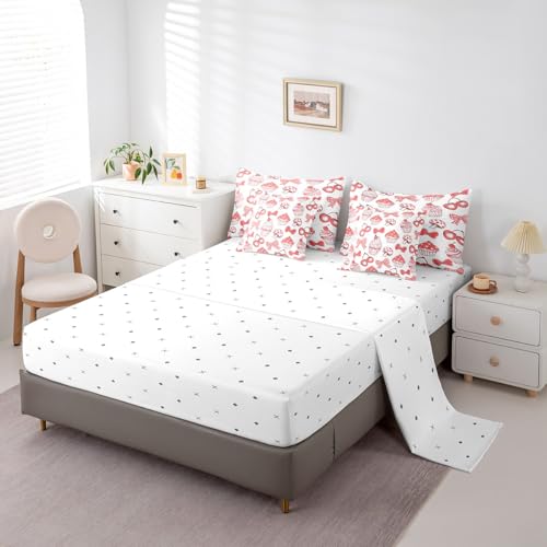 Manfei 7 Pieces Cute Bowknot Princess Comforter Twin,Cartoon Mushroom Cherry Dessert Cake Girlish Bedding Set,Dots Bow Tie Pink Unique（Comforter+Fitted+Flat Sheet+2 Pillowcases+2 Throw Pillow Covers） - Thumbnail 4