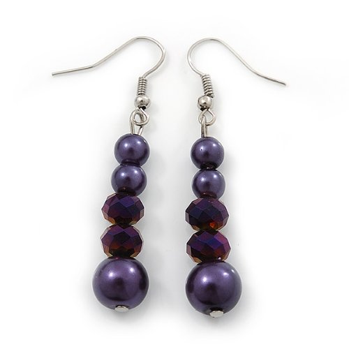 Collar de perlas de cristal imitación morado con pulsera y pendientes 34 cm 6