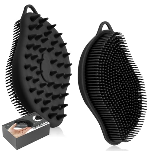 VWMYQ Silicone Body Scrubber Pro 2-in-1 Shower Scrubber for Body Care, Lathers Well, Silicone Loofah and Body Scrubber Exfoliator for Men and Women (Black, Body + Scalp)