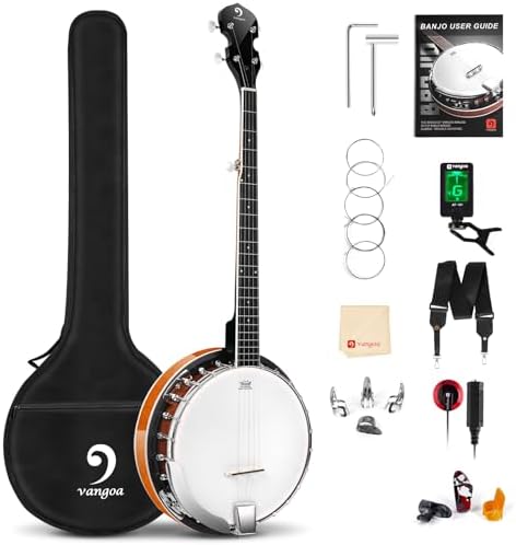 Vangoa 5 Saiten Banjo Remo Kopf geschlossen Solid Back Banjos mit Anfänger Kit, Stimmgerät, Strap, Pick-up, Saiten, Picks und Tasche