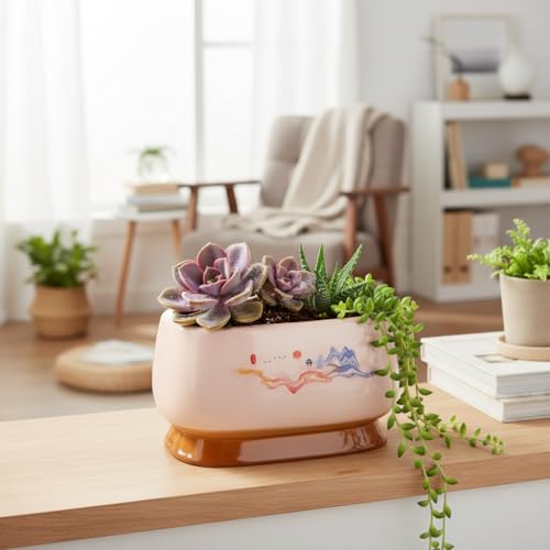 Image of Xtore Refined Artistic Oval Ceramic Planter Pot for Indoor & Outdoor Decor | Minimal Painted Landscape Flower Pot for Living Room, Balcony, Desk & Shelf Styling (19.3 cm x 13 cm) (Planter only)
