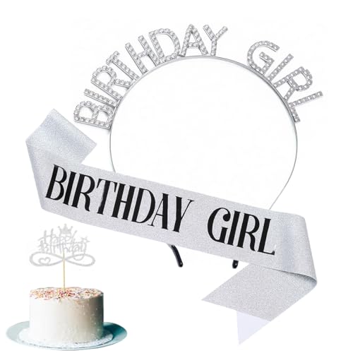 Docooniver 3 Pack Silver Birthday Girl Sash Rhinstone Headband Set for Women Glittery Cake Topper Happy Birthday Crown&Tiara Accessories Decorations Gifts for Kids