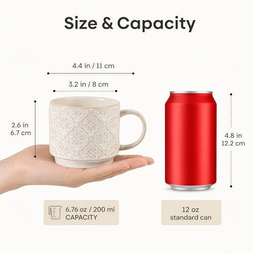 SumitlEyao 6 Oz Coffee Mugs with Stand, Stackable Coffee Cups Set of 4, Ceramic Espresso Cups, Embossed Cappuccino Cups for Latte, Cocoa, Mocha, Tea, Housewarming Wedding Present, Dishwasher Safe by SumitlEyao - Image 3