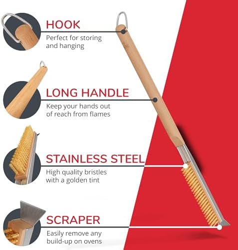 22” Pizza Oven Brush with Stone Scraper - Stainless Steel Bristles, Long Handle, Heat-Resistant - Compatible with Ooni 12 Pizza Ovens