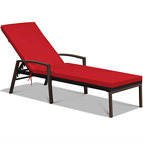 Dortala Set Of 2 Patio Chaise Lounge, Outdoor Wicker Rattan Chaise With Adjustable Backrest And Armrest For Beach Pool Yard, Rattan Sun Lounger With Padded Cushion, Red #TOP3