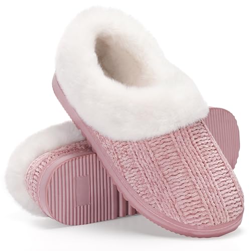 ATHMILE Fuzzy Fluffy Slippers for Women Memory Foam Knit Womens Slippers Non-Slip Bedroom Indoor Outdoor House slippers Shoes for Woman Closed Back Pink Size 5-6