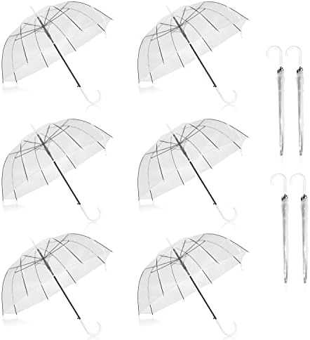 WASING 10 Pack 46 Inch Clear Bubble Umbrellas Wedding Style Large Canopy Transparent Stick Umbrellas Auto Open Windproof with White European J Hook Handle Outdoor Umbrella for Adult