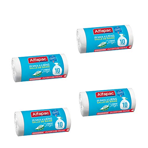 ALFAPAC - 25 sacs 10L à lien traditionnel - Sacs Poubelle pour salle de bains - Vegetal Origin - Lot de 4  Sacs blancs de dimensions 35 x 40 cm.