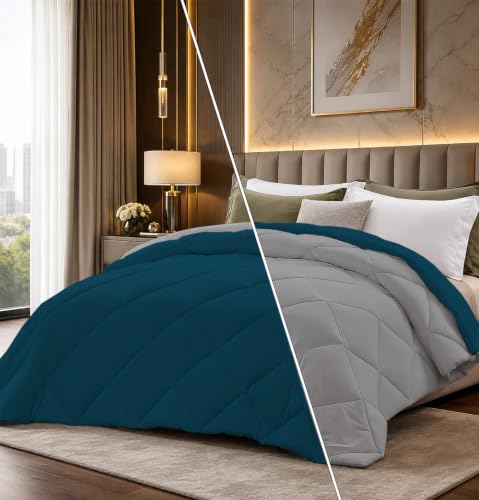 Image of Super Comfort Microfiber 400 GSM Reversible Winter Comforter for Single Bed Rajai /Blanket Diamond Stitch (60 inch x 90 inch Inches /152cm x 228cm) - Comforter Single Bed|Silver /Teal Blue