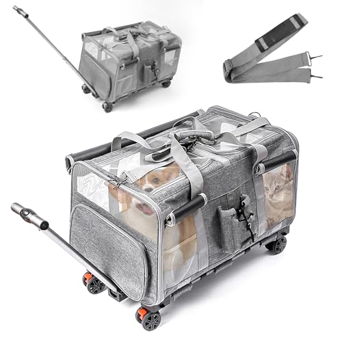 Extra große Haustiertrage mit Zwei Fächern und Rollen für Katze/Hund, Abnehmbarer Faltbar Katzentransportbox für 2 Katzen bis 20kg, Belüftetes Katzen Kucksack Groß für Reisen/Wandern/Camping
