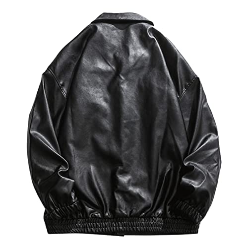 Men's Black Oversized Sheepskin Baseball Leather Jacket High Street Sporty Casual Smooth Turn-Down Collar Baggy Loose Coat3