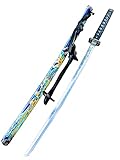 DamaskerUS 1pc Huge Japanese Samurai Katana Sword with Stand Blue and Yellow Dragon Ninja