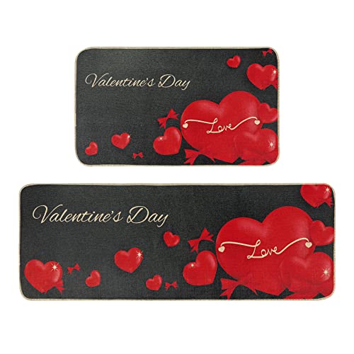 Melajia Valentines Day Kitchen Rug Set Non Skid Washable With Rubber Backing Kitchen Mat Set Of 2 Low-Profile Floor Mat For Holiday Party Decor（17X29 +17X47 Inch #TOP19