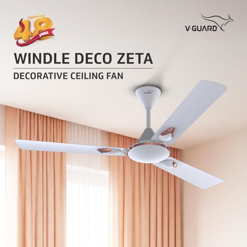 Image of V Guard Windle Deco Zeta Bz Modern Ceiling Fan For Home | Wider Aluminium Blades with Decorative Trims | Powder-Coated Gloss Finish | 1.2M Sweep (Glossy White)