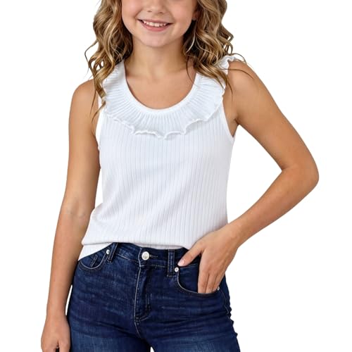 Girls Cute Ruffle Crew Neck Tank Tops Sleeveless Ribbed Shirts White