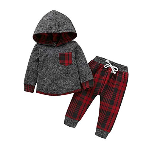 Preisvergleich Produktbild Chaochao Freizeitbekleidung für Kinder, Herbst, Winter, graues Sweatshirt für Kinder, langärmlig, mit Kapuze, lange Hose, kariert rot und schwarz, für Winter und Alltag, Grau 18- 24 Monate