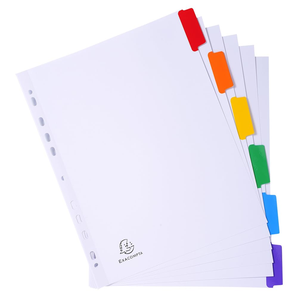 Exacompta - Rif. 4306E - Cartone da 20 divisori in carta bianca 160 g/m2 FSC® con 6 linguette neutre a colori, rinforzati e plastificati, pagina di indicizzazione stampabile, formato A4 maxi