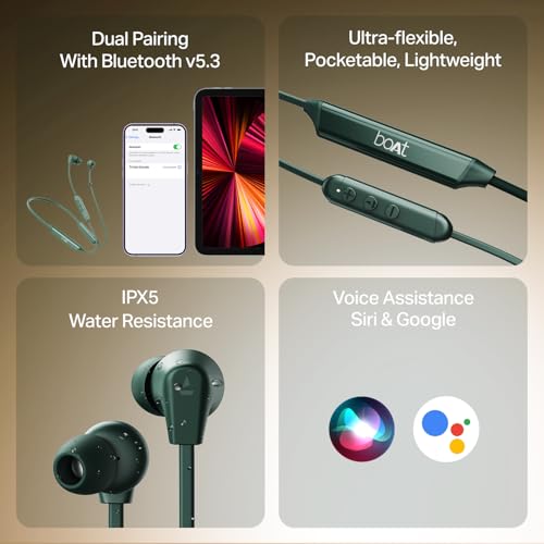 Image of Boat Rockerz Trinity Grande, 150H Battery, Hi Res Audio by LDAC, Dual Pair, ENx Tech, Stream Ad Free Music via App Support, Bluetooth Neckband, Wireless with Mic Earphones (Green)