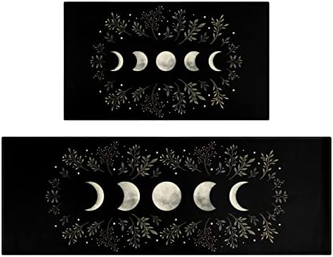 Xiumei Moon Kitchen Rug Set,Black Kitchen Mats for Floor Moon Runner Rug with Rubber Backing,Goth Rug Washable for Kitchen Sink,Laundry Room,Halloween Kitchen Rugs Mats,Gothic Witchy Kitchen Decor