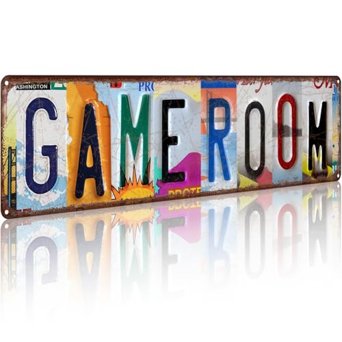 Game Room Vintage Metal Tin Sign, License Plate Style Wall Decor, Colorful Retro Design 4×16 Inch...