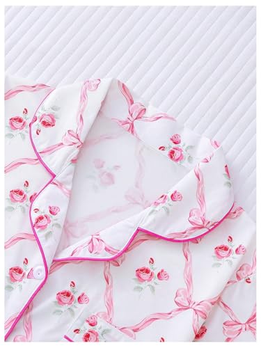 Verdusa Women's 2 Piece Floral Bow Pajama Set Short Sleeve Button Down Shirt and Shorts Set3