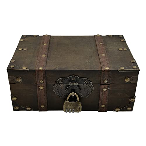 Safedelux Wooden Treasure Chest Box Vintage Decorative Storage Box With Lock For Home Decor Great Father Day Gifts - 9.4” X 6.3” X 3.7” #TOP21