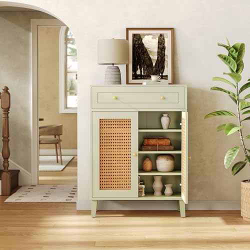 LITTLE TREE Shoe Cabinet for Entryway, 4-Tier Shoe Organizer with Adjustable Shelves & Drawer, Freestanding Mint Green Shoe Cabinets with Rattan Doors for Hallway, Bedroom, Living Room