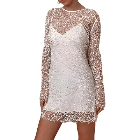 aromm Women's Glitter Semi Sheer Mesh Long Sleeve Mini Dress & Slip Under Dress for Party Cocktail Wedding, M White Cover