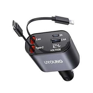 Retractable Car Charger 100W, 4 in 1 Fast Car Phone Charger, 2 Retractable Cables 31.5 Inch and 2 USB Ports, Compatible with iPhone 15/14/13/12/11 Pro Max/XR/XS,Samsung,Pixel,iPad/iPod