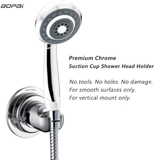 BOPai Suction Cup Shower Head Holder for Handheld Shower – No Drill, For Smooth Surfaces Only, Vertical Mount Only, Chrome