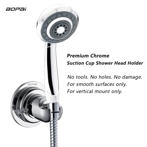 BOPai Suction Cup Shower Head Holder for Handheld Shower – No Drill, For Smooth Surfaces Only, Vertical Mount Only, Chrome