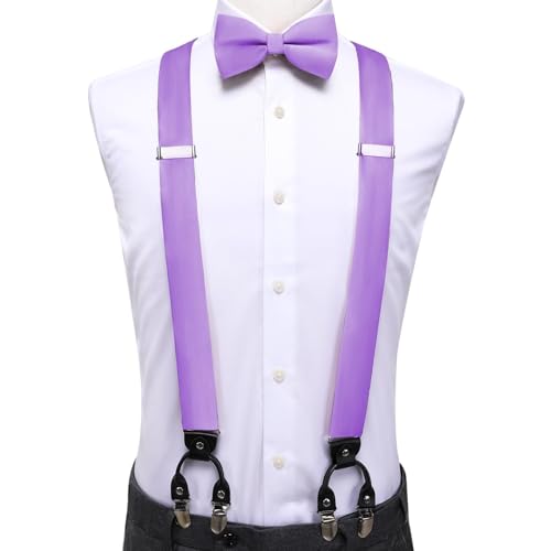 Image of Hi-Tie Men Suspender Bowtie Set Suspenders Pre-tied Bow Tie Pocket Square Cufflinks Adjustable Y Shape 6 Clips Braces Tuxedo