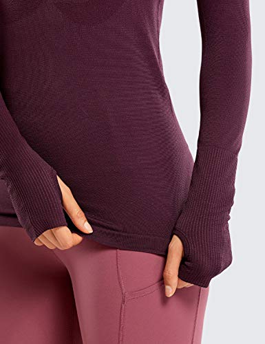 Crz Yoga Women's Seamless Athletic Long Sleeves Sports Running Shirt Breathable Gym Workout Top Dark Red-Slim Fit Medium #TOP4