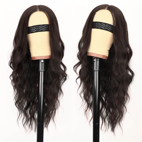 Image of AISI HAIR Chocolate Brown Wig for Women, Long Wavy Lace Hairline Middle Part Synthetic Heat Resistant Wig for Daily Party-26 Inch
