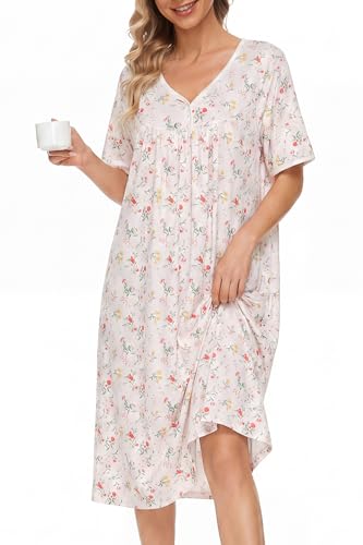 Image of AVIIER Nightgows for Women Soft Cotton Night Shirts Short Sleeve Sleepwear with Pockets
