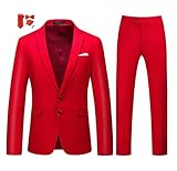 MOGU Mens Slim Fit Suit 2 Piece Tuxedo for Daily Business Wedding Party (Suit Jacket + Pants) US Size Blazer 38/Pants 34 Red