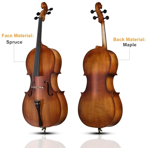 Doredo 4/4 Acoustic Cello Kit for Adults, Beginners, Complete Full Size Cello Set with Portable Bag, Bow, Rosin, Matte Natural