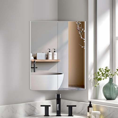 Lumibric 45x60cm Corner Bathroom Cabinets with Mirror 2-Door Wooden Wall Mounted Cabinet with HD Mirror White Bathroom Corner Cabinet with Storage