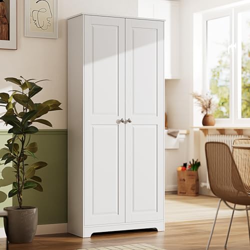 Image of VINGLI 72 inch Tall Pantry Cabinet, Kitchen Pantry Storage Cabinet with 2 Doors & Adjustable Shelves, Freestanding Food Storage Cupboard for Kitchen, Dining Room, Utility Room, White