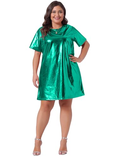 Image of Agnes Orinda Plus Size Dress for Women Metallic Round Neck Short Sleeve Party Clubwear Loose Mini T-Shirt Dress