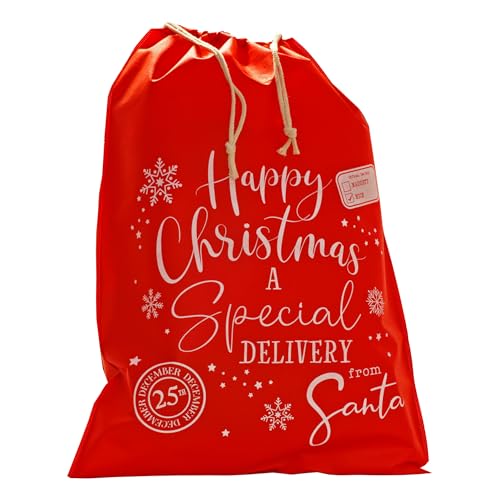 Design By Violet Christmas Red Jumbo Sack – Extra-Large Reusable Fabric Present Sack with Drawstring Closure – Special Delivery from Santa Design