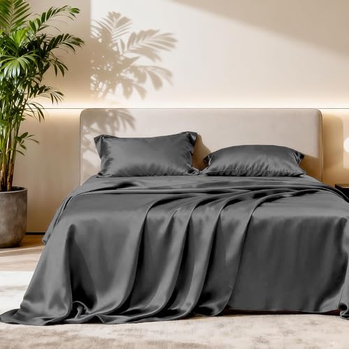 Image of Soft and Silk Satin Bedsheet for Single Bed - 400 TC Romantic Bedsheet Set for Bedroom | Bridal Wedding Bedsheet with Pillow Cover | Ideal for Gifting Dark Grey, Single Bed