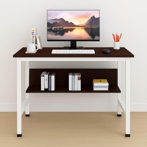Image of Multipurpose Wood Study Table with Shelf Computer, Laptop & Office Workstation Desk for Home & Work - Easy to Assemble Gaming Concept Desk (Brown Board White Metal)(L*90,B*60,H*75)cm.