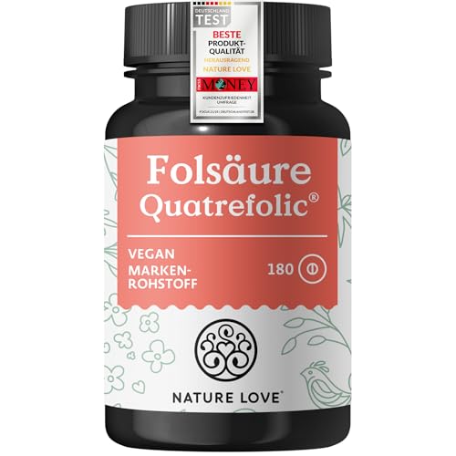 NATURE LOVE® Folsäure Quatrefolic® – 180 Tabletten – 400 μg pro Tablette – Kinderwunsch und Schwangerschaft* – hochdosiert, vegan, laborgeprüft, in Deutschland produziert