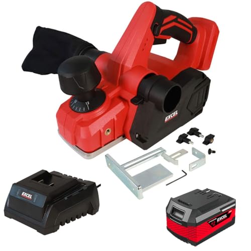 Excel 18V Cordless Planer 82mm EXL580B with 1 x 4.0Ah Battery & Charger - Variable Speed 16000/min - Compact and Ergonomic Design - Two Side Dust Removal System - Ideal for Planing Wood Surfaces