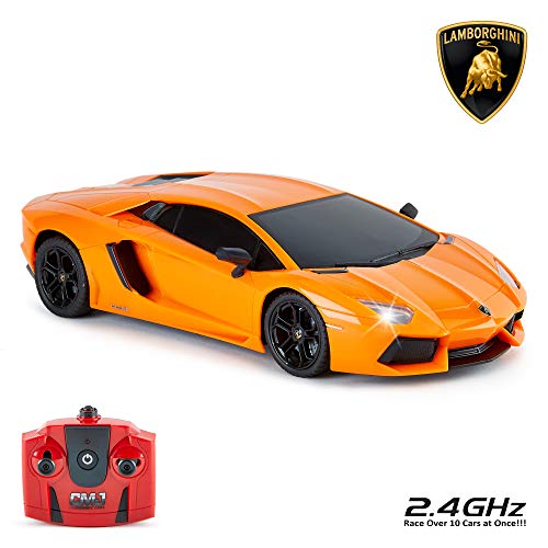 CMJ RC Cars  Lamborghini Aventador Coche de Control Remoto con Licencia Oficial Coche 1:18 Escala Luces de Trabajo 2.4Ghz Naranja