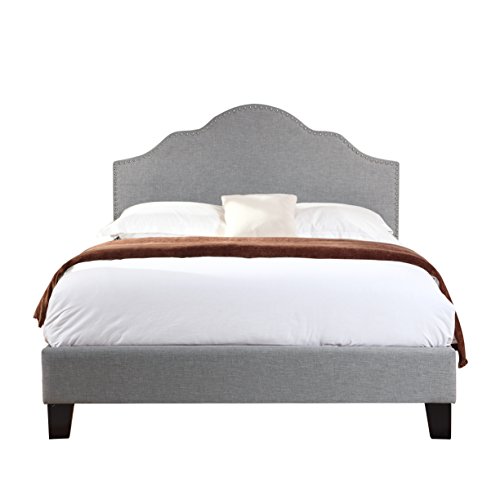 Upholstered Bed With Nailhead, Padded Headboard, And Platform-Style Base, Light Gray, Full