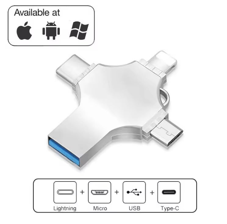 Image of 2TB 4-in-1 USB Flash Drive, Multi-Port Adapter with Lightning, Type-C, Micro USB Connectors, Silver